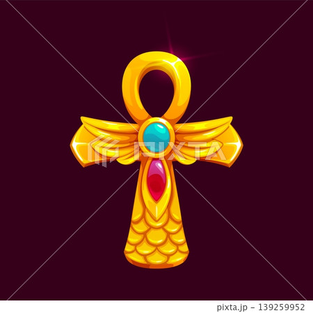 Ancient Egypt game icon of Ankh cross, jewelry pharaoh pyramid temple treasure, cartoon vector. Ankh sign or golden cross with gemstone jewels of Pharaoh jewelry treasure arcade game of Ancient Egypt 139259952