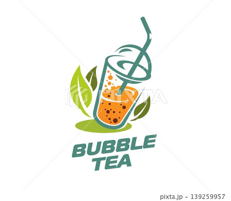 Milk boba drink or bubble tea icon for sweet dessert beverage, vector emblem. Milk bubble tea or boba tea drink in cup with drinking straw and splash of flavor badge for cocktails and juice bar 139259957