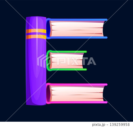 School font and education cartoon typeface letter for ABC type, vector English alphabet. School font of library books in shape of letter E for creative education typeface and student tuition type School font and education cartoon typeface letter for ABC type, vector English alphabet. School font of library books in shape of letter E for creative education typeface and student tuition type 139259958