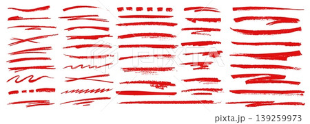 Highlight red crayon pencil lines and vector hand drawn doodle underline. Rough red crayon lines with thick and thin strokes of straight, wavy and cross marked, zigzag scribbles and dashed accents 139259973