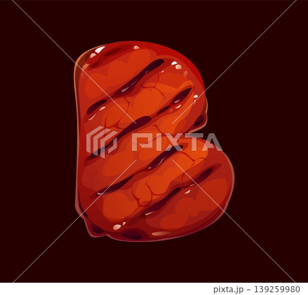 Barbecue cartoon font BBQ letter B typeface. ABC barbeque English alphabet type with glossy grilled meat texture with char marks and sauce drips. Vector symbol for restaurants or BBQ event posters Barbecue cartoon font BBQ letter B typeface. ABC barbeque English alphabet type with glossy grilled meat texture with char marks and sauce drips. Vector symbol for restaurants or BBQ event posters 139259980