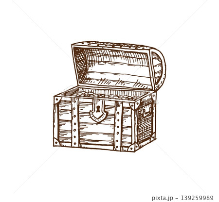Old wooden pirate treasure chest with golden coins inside. Ancient vector trunk with treasure embodies fortune and adventure, perfect for pirate games, historical illustrations, geographical map 139259989