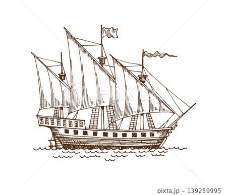 Vintage European pirate wooden sail ship and sailboat, galleon or warship. Sketch illustration featuring detailed rigging, multiple masts, cannons, and flags. Vector vintage sail ship for posters 139259995