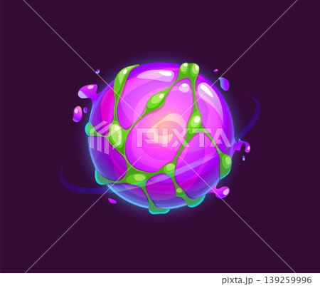 Cartoon purple alien space planet with magma and green net on surface. Funny extraterrestrial world with glowing magma flows, and an intricate green net pattern. Vibrant vector design for education Cartoon purple alien space planet with magma and green net on surface. Funny extraterrestrial world with glowing magma flows, and an intricate green net pattern. Vibrant vector design for education 139259996