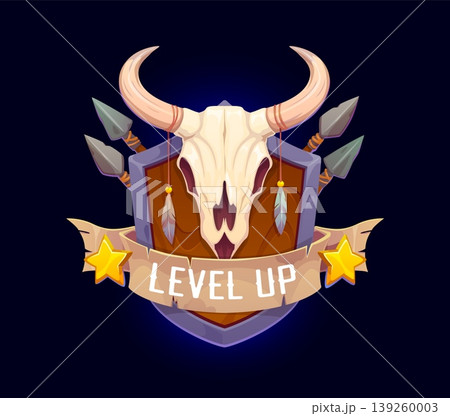 Wild West cowboy level up rank for Western game badge or interface, cartoon vector. Level Up shield with longhorn bull skull and Western Indian spear weapon with stars on ribbon for Wild West game GUI Wild West cowboy level up rank for Western game badge or interface, cartoon vector. Level Up shield with longhorn bull skull and Western Indian spear weapon with stars on ribbon for Wild West game GUI 139260003