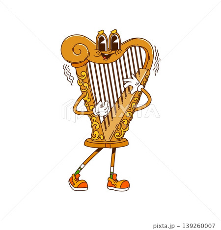 Cartoon groovy harp character wearing colorful sneakers and white gloves, radiating retro disco charm. Funky vector mascot for vintage concert posters, music festival merch or hippie stickers 139260007