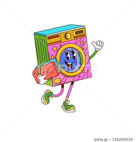 Cartoon groovy washing machine character running. Happy colorful home appliance personage with clean towels in its hands. Funky psychedelic vector mascot for home decor designs, laundry room graphics 139260014