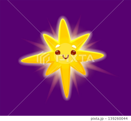 Cartoon cute kawaii star mascot character with funny face, vector icon. Cartoon star twinkling in night sky with happy smile for cheerful emoji and starry emoticon for kids or children design 139260044