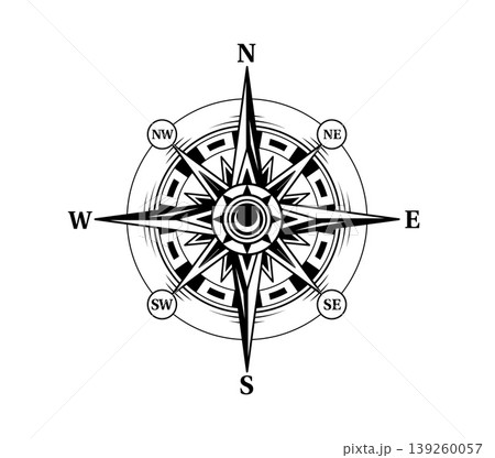 Vintage cartography map compass direction sign. Antique geographic cartography wind rose, vintage pirate treasure discovery era compass. Old historical map monochrome element 139260057