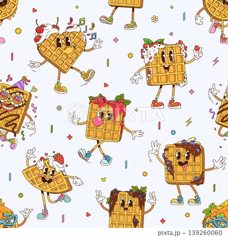 Cartoon groovy belgian waffle characters seamless pattern. Fabric vector pattern, groovy seamless backdrop with belgian waffles happy characters in whipped cream, berry jam and chocolate topping Cartoon groovy belgian waffle characters seamless pattern. Fabric vector pattern, groovy seamless backdrop with belgian waffles happy characters in whipped cream, berry jam and chocolate topping 139260060
