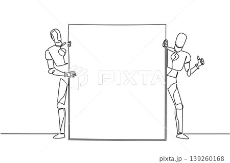 Creative one line drawing of two robots presenting a vertical blank marketing board. This incredible technology concept is absolutely perfect for a robotics workshop flyer or a science magazine. Creative one line drawing of two robots presenting a vertical blank marketing board. This incredible technology concept is absolutely perfect for a robotics workshop flyer or a science magazine. 139260168