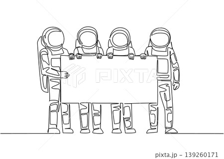 Brilliant single line drawing of four astronauts holding a large blank marketing advertisement board. This outer space science concept is outstanding choice for a kids educational science fair poster. Brilliant single line drawing of four astronauts holding a large blank marketing advertisement board. This outer space science concept is outstanding choice for a kids educational science fair poster. 139260171