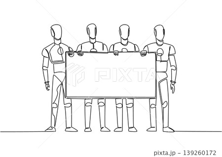 Creative one line drawing of four robots presenting a blank social communication board. This incredible technology concept is absolutely perfect for a robotics workshop flyer or a science fair poster. Creative one line drawing of four robots presenting a blank social communication board. This incredible technology concept is absolutely perfect for a robotics workshop flyer or a science fair poster. 139260172