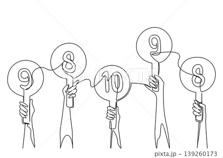 Single line drawing of hands holding round scorecards with various numbers from 8 to 10. This rating concept is a perfect choice for an evaluation business presentation or talent competition poster. Single line drawing of hands holding round scorecards with various numbers from 8 to 10. This rating concept is a perfect choice for an evaluation business presentation or talent competition poster. 139260173