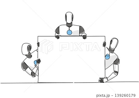 Continuous line drawing of three colorful robots showing a blank marketing board. This smart technology concept is absolutely perfect for an artificial intelligence business presentation template. 139260179