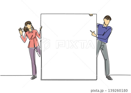 Colorful single line drawing of a woman and man displaying a large blank marketing board. This creative business concept is a fantastic fit for a startup marketing flyer or a company presentation. Colorful single line drawing of a woman and man displaying a large blank marketing board. This creative business concept is a fantastic fit for a startup marketing flyer or a company presentation. 139260180