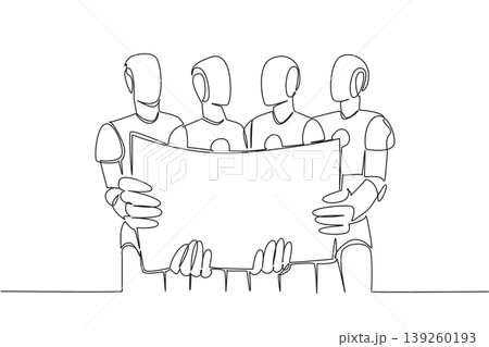 Creative single line drawing of four robots holding a large future business blueprint. This advanced technology concept works perfectly for an educational robotics workshop presentation. Creative single line drawing of four robots holding a large future business blueprint. This advanced technology concept works perfectly for an educational robotics workshop presentation. 139260193