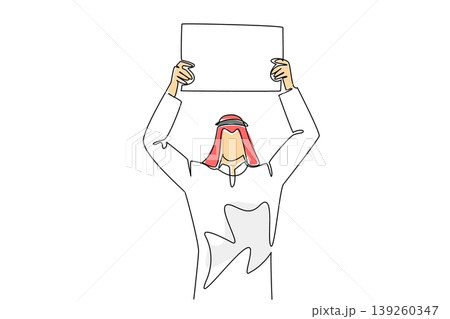 One line drawing shows a colorful Arab man with headscarf lifting a blank board high with both hands. A powerful business protest concept perfectly designed for a corporate advertising layout design. 139260347