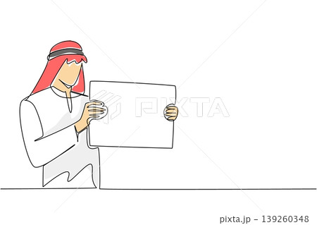 Single line drawing features a colorful Arabian man with headscarf holding blank placard to his side. An engaging corporate message concept perfectly designed for a commercial marketing banner layout. Single line drawing features a colorful Arabian man with headscarf holding blank placard to his side. An engaging corporate message concept perfectly designed for a commercial marketing banner layout. 139260348