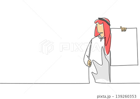 Unique colorful continuous line drawing depicts a young handsome Arab man holding a large blank placard. This artistic illustration perfectly suits an advertising concept and marketing poster. 139260353