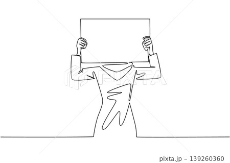 Creative single line drawing shows a Muslim woman in hijab holding a blank marketing board over her head. This stunning illustration perfectly suits an activism concept for a global charity event. Creative single line drawing shows a Muslim woman in hijab holding a blank marketing board over her head. This stunning illustration perfectly suits an activism concept for a global charity event. 139260360