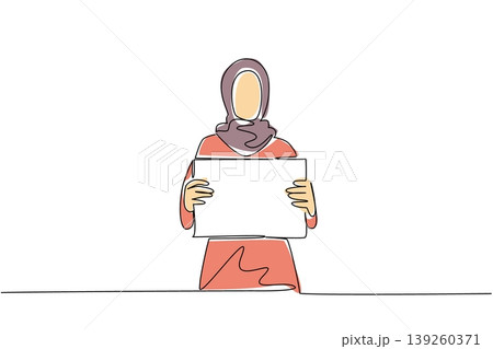 Wonderful colored one line drawing presents a young Muslim woman in hijab holding a large blank placard with both hands. This beautiful image perfectly represents a business concept for a marketing Wonderful colored one line drawing presents a young Muslim woman in hijab holding a large blank placard with both hands. This beautiful image perfectly represents a business concept for a marketing 139260371