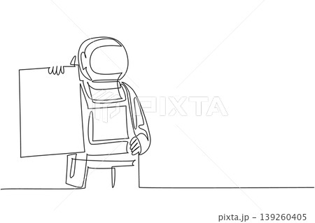 Unique monochrome continuous line drawing features an astronaut holding a blank marketing ad board on their hip. This striking illustration highlights an outer space concept for an advertising poster. 139260405
