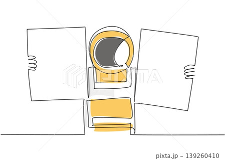 Unique colorful continuous line drawing features an astronaut holding two blank paper boards with both hands. It perfectly highlights an advanced space concept for an interesting school presentation. 139260410