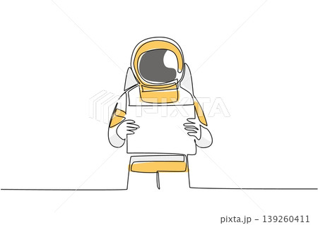 Awesome colorful one line drawing shows a spaceman holding a large blank placard in front. This amazing illustration nicely suits a universe concept for a science campaign poster. 139260411
