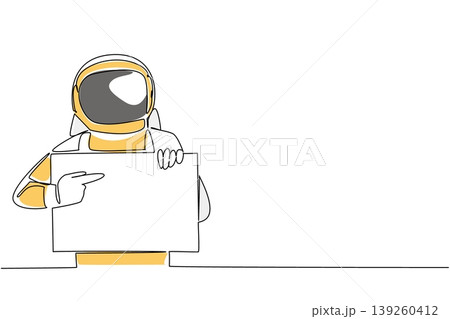 Fantastic colored continuous line drawing shows an astronaut pointing at a blank marketing ad sign. It beautifully emphasizes a great technology concept for a futuristic corporate business event. 139260412