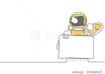 Beautiful colorful single line drawing depicts a spaceman pointing down at a blank marketing sign. This outstanding image represents an outer space concept for an advanced scientific exhibition. 139260413