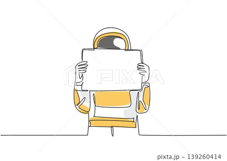 Creative colorful single line drawing features a young handsome astronaut covering his face with a blank marketing ad sign. It perfectly highlights a strong protest concept for a science poster. 139260414