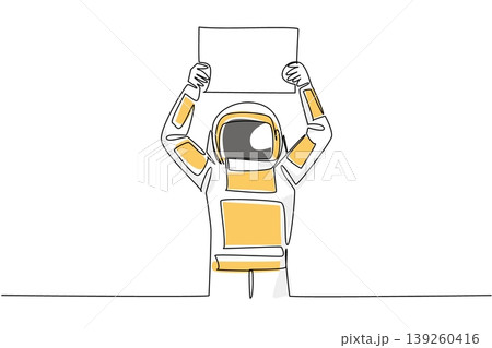 Unique colorful one line drawing depicts a young handsome astronaut raising a blank marketing board up high over head. It represents an equality concept perfectly suited for a global science banner. 139260416