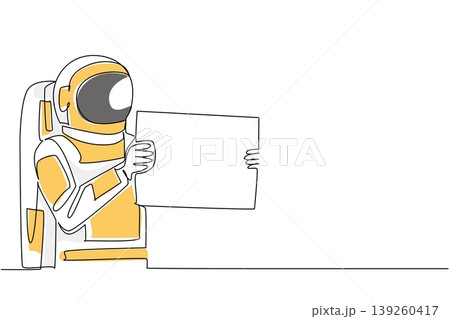 Gorgeous colorful continuous line drawing presents a young handsome astronaut holding a large blank marketing sign sideways. It perfectly fits an advertising concept for a public awareness 139260417