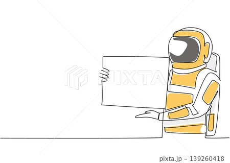 Perfect colorful single line drawing displays young handsome astronaut presenting a blank marketing ad placard. This artistic image beautifully highlights an education concept for a learning website. Perfect colorful single line drawing displays young handsome astronaut presenting a blank marketing ad placard. This artistic image beautifully highlights an education concept for a learning website. 139260418