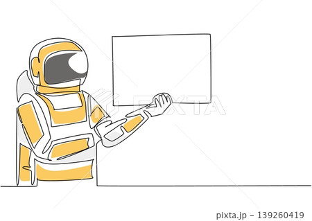 Awesome colorful continuous line drawing features an astronaut presenting a blank marketing ad placard sideways. It beautifully represents an outer space concept for a futuristic science poster. 139260419