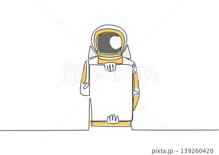 Gorgeous colored single line drawing displays an astronaut holding a vertical blank marketing ad board in front. This amazing image nicely highlights a universe concept for an education exhibition. Gorgeous colored single line drawing displays an astronaut holding a vertical blank marketing ad board in front. This amazing image nicely highlights a universe concept for an education exhibition. 139260420
