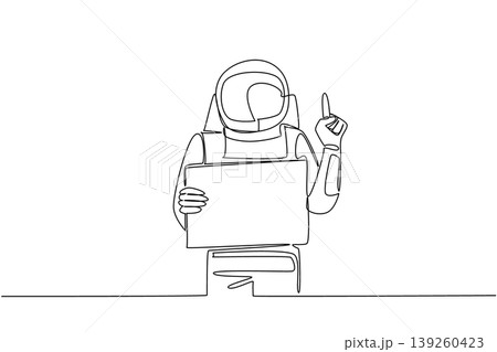 Creative single line drawing depicts an astronaut holding a blank marketing ad board pointing up. It represents a brilliant science concept for an outer space exhibition poster design. 139260423