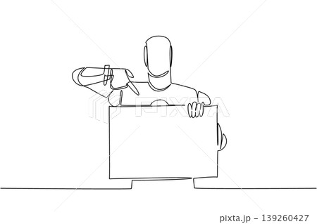 Creative single line drawing depicts a robot pointing down at a blank ad sign. This beautiful image wonderfully represents a futuristic artificial intelligence concept for a scientific exhibition. 139260427