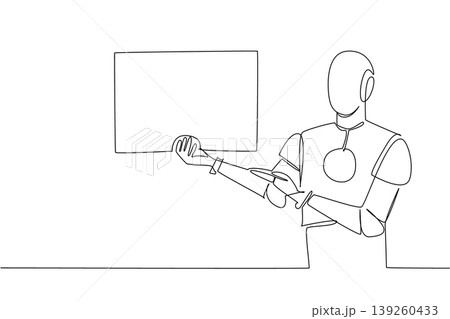 Continuous line drawing features an artificial intelligence robot presenting a blank marketing ad placard sideways. It represents an advanced technology concept for a global science exhibition. Continuous line drawing features an artificial intelligence robot presenting a blank marketing ad placard sideways. It represents an advanced technology concept for a global science exhibition. 139260433