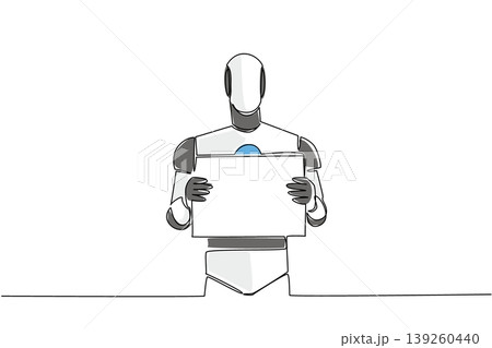 Awesome colorful one line drawing presents a cyborg holding a large blank placard in front. This amazing illustration perfectly suits an artificial intelligence concept for a technology poster. 139260440