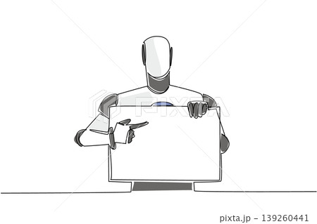 Creative colorful continuous line drawing shows an artificial intelligence robot pointing at a blank sign. It beautifully emphasizes a futuristic technology concept for a modern corporate event. 139260441