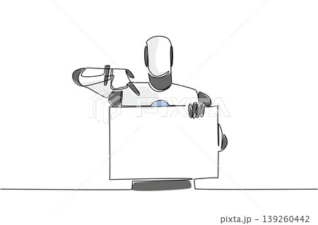 Beautiful colorful single line drawing depicts a robot pointing down at a blank sign. This outstanding image nicely represents a futuristic artificial intelligence concept for a scientific exhibition. 139260442