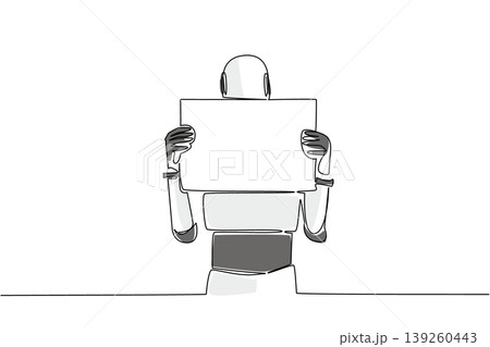 Colorful continuous line drawing features an artificial intelligence robot covering its face with a blank marketing ad sign. It perfectly highlights a strong protest concept for a science poster. Colorful continuous line drawing features an artificial intelligence robot covering its face with a blank marketing ad sign. It perfectly highlights a strong protest concept for a science poster. 139260443