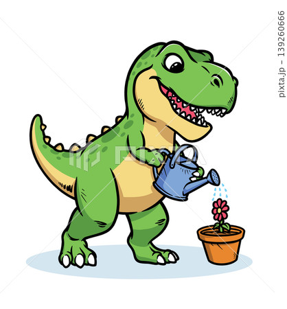 Dino is watering the plants in the pot Dino is watering the plants in the pot 139260666