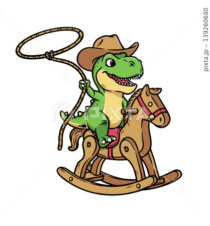 Dino is having fun on the wooden horse toy Dino is having fun on the wooden horse toy 139260680