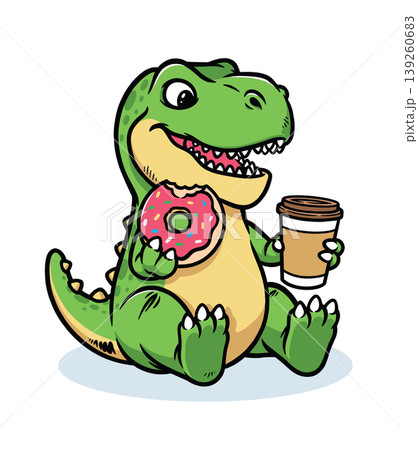 Dino is drinking coffee and eating donuts Dino is drinking coffee and eating donuts 139260683