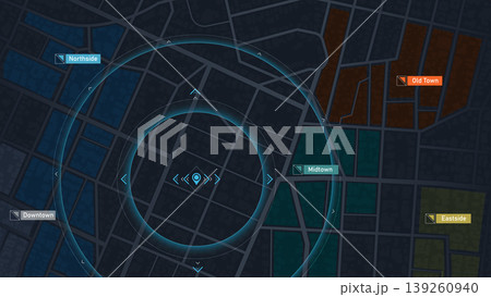Locator position point. GPS tracking system to navigate around the city landmarks. Detailed city street map with directions to different locations. Vector illustration Locator position point. GPS tracking system to navigate around the city landmarks. Detailed city street map with directions to different locations. Vector illustration 139260940