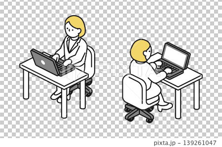 等距插畫:一位身穿西裝的女士正在辦公桌前使用電腦工作。 等距插畫:一位身穿西裝的女士正在辦公桌前使用電腦工作。 139261047