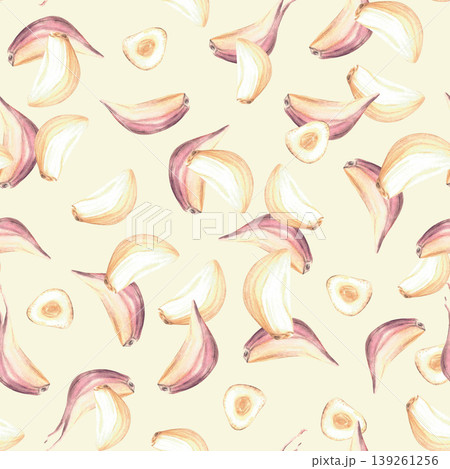 Garlic cloves whole cloves and sliced in pieces seamless pattern. Watercolor garden vegetables, food seasoning. Hand painted illustration on isolated pastel coloured background for fabric, wallpaper. Garlic cloves whole cloves and sliced in pieces seamless pattern. Watercolor garden vegetables, food seasoning. Hand painted illustration on isolated pastel coloured background for fabric, wallpaper. 139261256